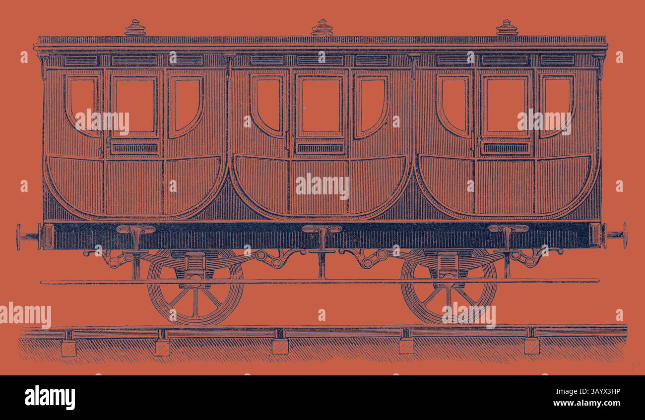 A vintage train carriage with ornate wooden detailing and large windows, showcasing intricate craftsmanship and historical design. The wheels are prominently featured, resting on a simple track. First-Class Wagon  Classic art with a modern twist reimagined by Artotop Stock Photo