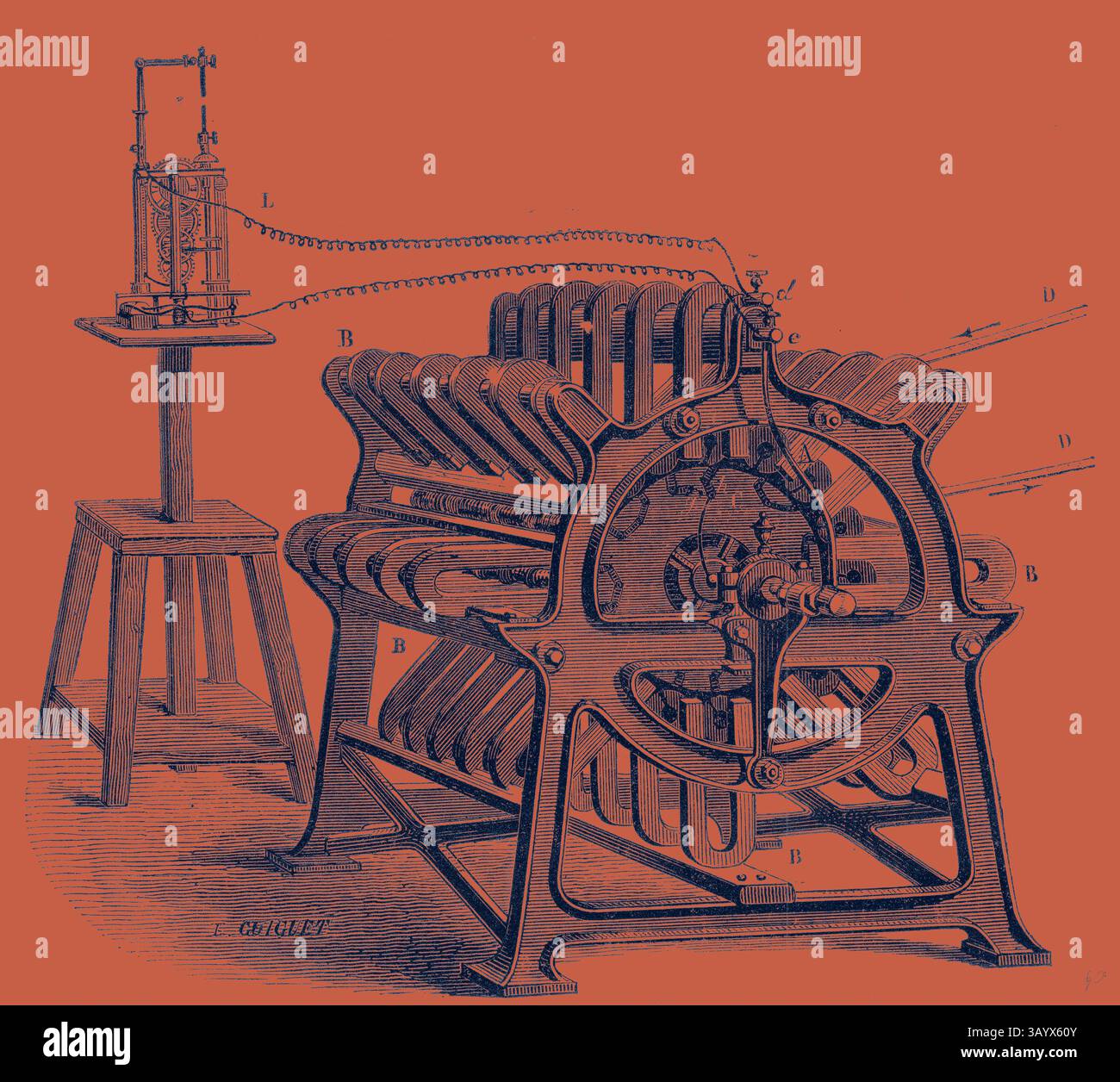 An intricate mechanical device featuring a large rotating wheel and ...