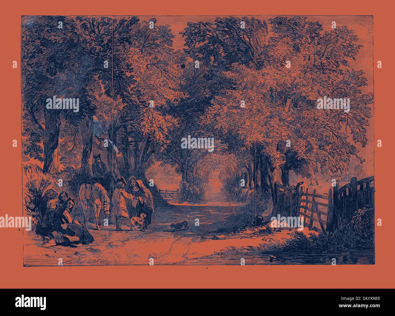 A peaceful countryside scene with a winding path flanked by tall trees ...