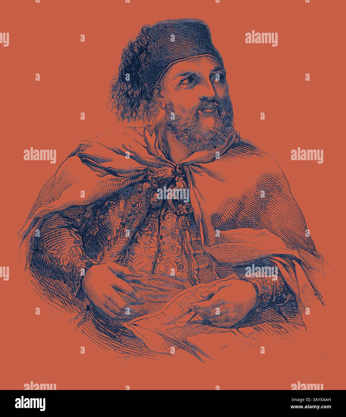 A bearded man wears a richly adorned robe and a distinctive hat, gazing ...
