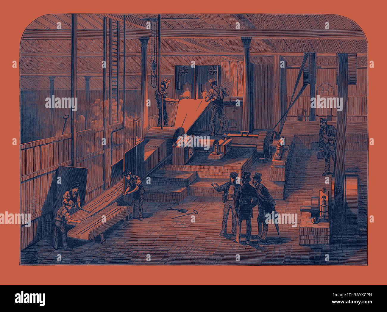 An industrial workshop scene featuring workers engaged in manufacturing ...