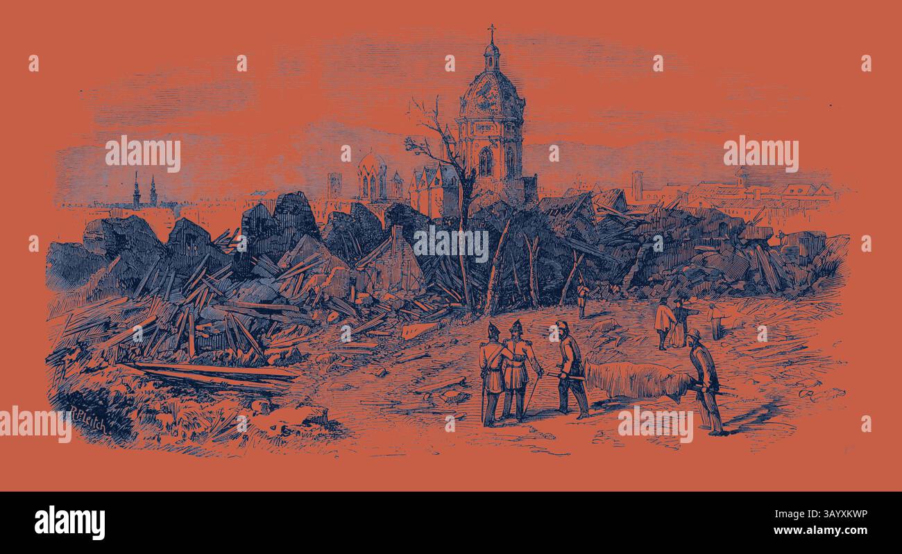 A scene depicting the aftermath of destruction, featuring soldiers in the foreground surveying the debris of collapsed structures, with remnants of a once-standing church and distant buildings under a somber landscape. The Late Explosion at Mayence: St. Stephen's Church Mayence from the Site of the Powder Magazine.  Classic art with a modern twist reimagined by Artotop Stock Photo