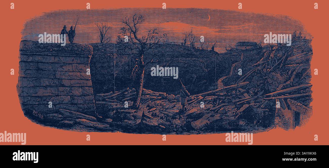 A desolate landscape featuring two figures standing on a wall, overlooking a scene of destruction and sparse trees, with a faint crescent moon illuminating the sky in the background. The Late Explosion at Mayence: Site of the Powder Magazine Mayence  Classic art with a modern twist reimagined by Artotop Stock Photo