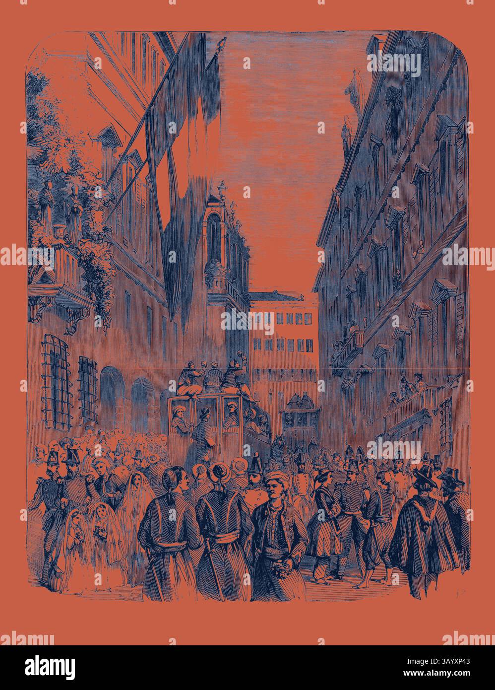 A bustling street scene filled with a crowd gathered to witness a procession, featuring elegantly dressed figures and horse-drawn carriages, all under the watchful gaze of historic buildings adorned with flags and decorations. The War in Italy Reception of the Zouaves at Genoa  Classic art with a modern twist reimagined by Artotop Stock Photo