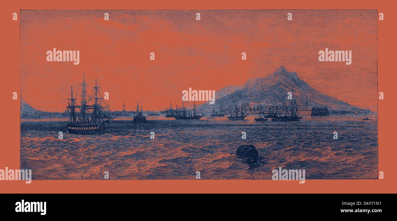 A serene maritime scene featuring several ships navigating calm waters, with a distant mountainous island framing the backdrop. Gentle waves reflect the shapes of the vessels, while the sky blends seamlessly into warm hues. The New Treaty Port of Hakodadi Japan 1869  Classic art with a modern twist reimagined by Artotop Stock Photo