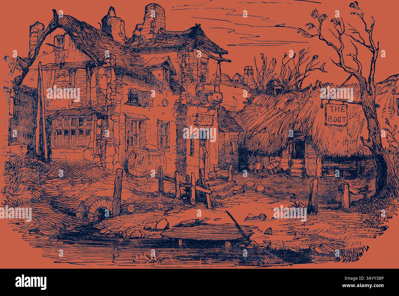A quaint countryside scene featuring rustic buildings, including a ...
