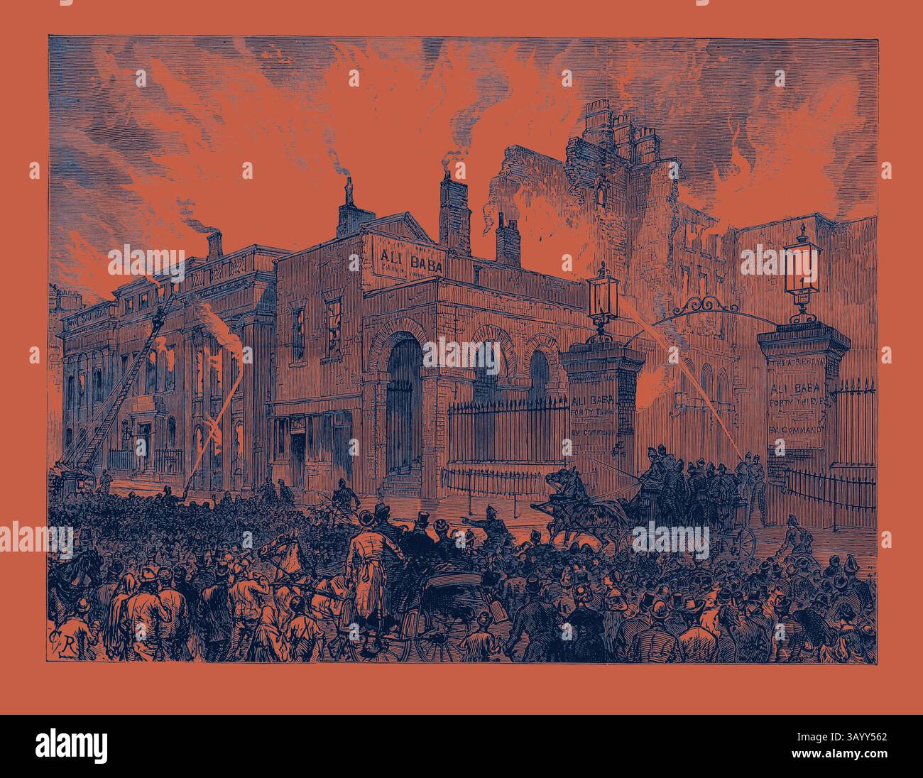 A bustling scene depicts a historic urban landscape, with a large crowd gathered in front of a building marked 'Ali Baba.' Firefighters work to extinguish flames rising from the structure, while onlookers observe the dramatic event unfold. The atmosphere is charged with tension and urgency, capturing a moment of crisis in the city. Burning of the Dublin Theatre Ireland 1880  Classic art with a modern twist reimagined by Artotop Stock Photo