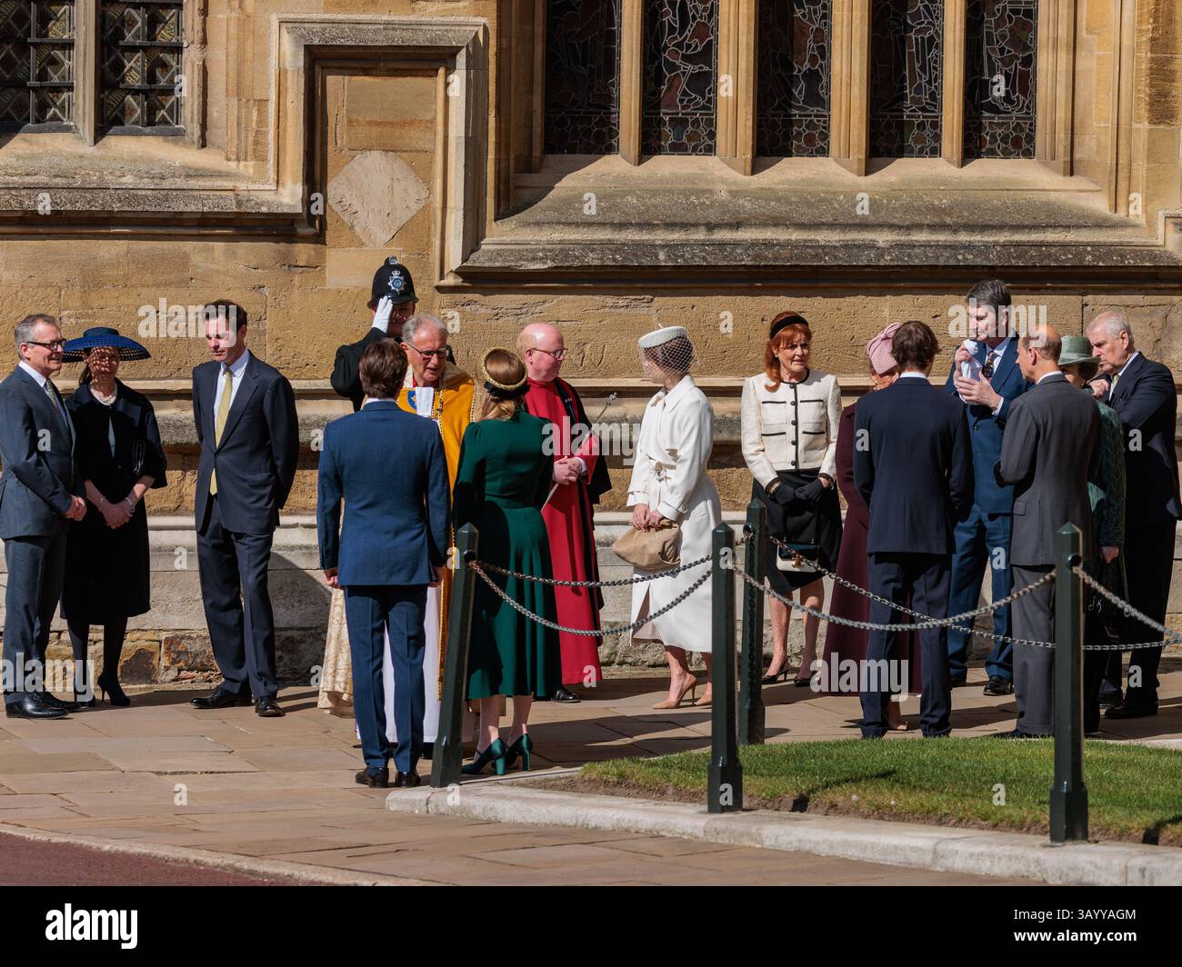 Windsor, UK. 20th April, 2025. Members of the Royal Family including Prince Edward, Duke of Edinburgh, Prince Andrew, Duke of York, and Princess Anne, Princess Royal, arrive to attend the Easter Sunday church service at St George's Chapel in Windsor Castle. Easter Sunday is the focal point of the Royal Family's Easter celebrations. Credit: Mark Kerrison/Alamy Live News Stock Photo