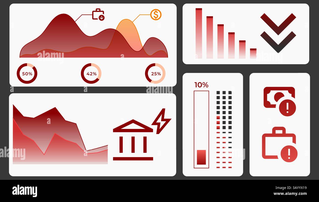 Stylized economic dashboard presenting falling revenues, declining ...