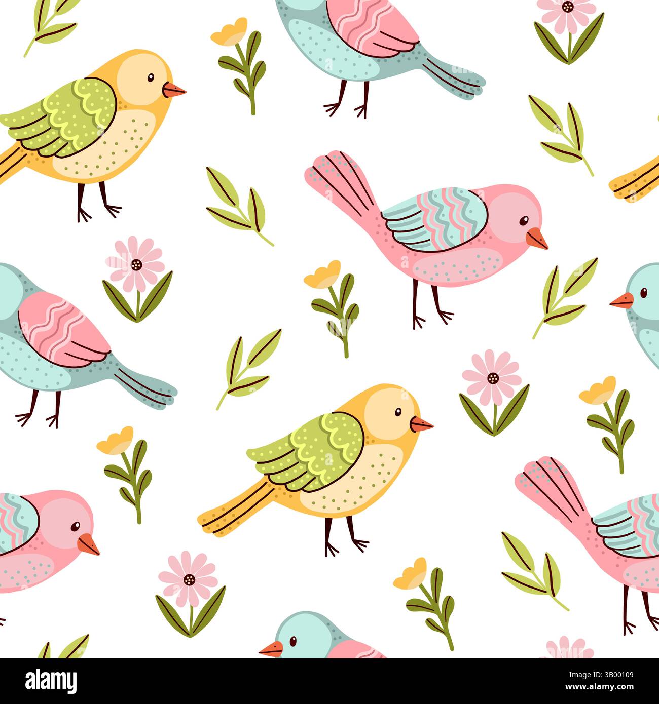 Pastel Birds Seamless Pattern on White Background Stock Vector