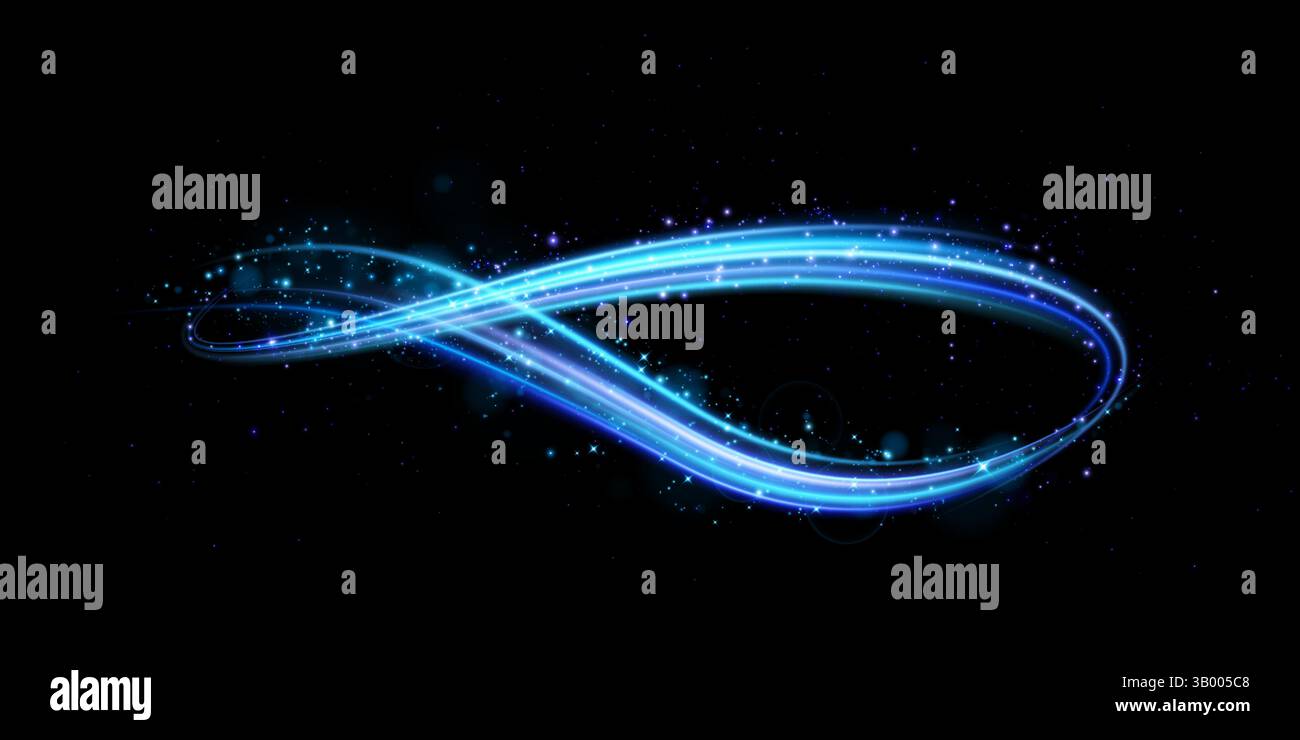 An eyecatching glowing blue infinity loop design complemented by sparkling elements, set against a dark background Stock Vector