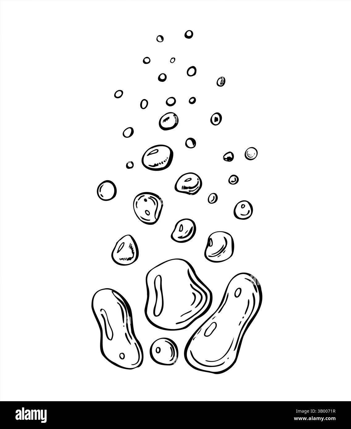 vector monochrome rising water or air bubbles in varying sizes line art black ink sketch. Underwater fizzing bubbles for beverage labels Stock Vector