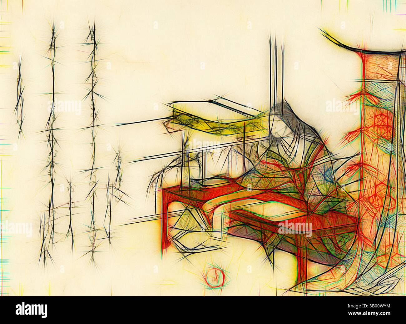 A serene scene depicts a figure engaged in a traditional weaving ...