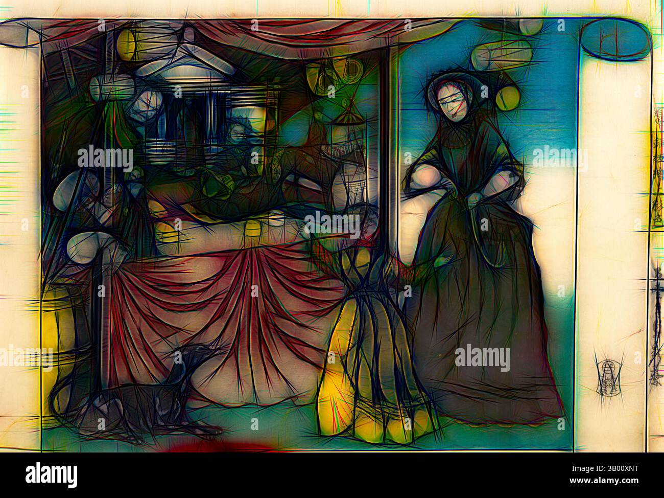 A mysterious scene unfolds with a cloaked figure standing in a dimly ...
