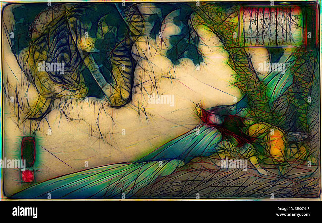 A surreal scene featuring abstract shapes and vibrant colors, with an ...