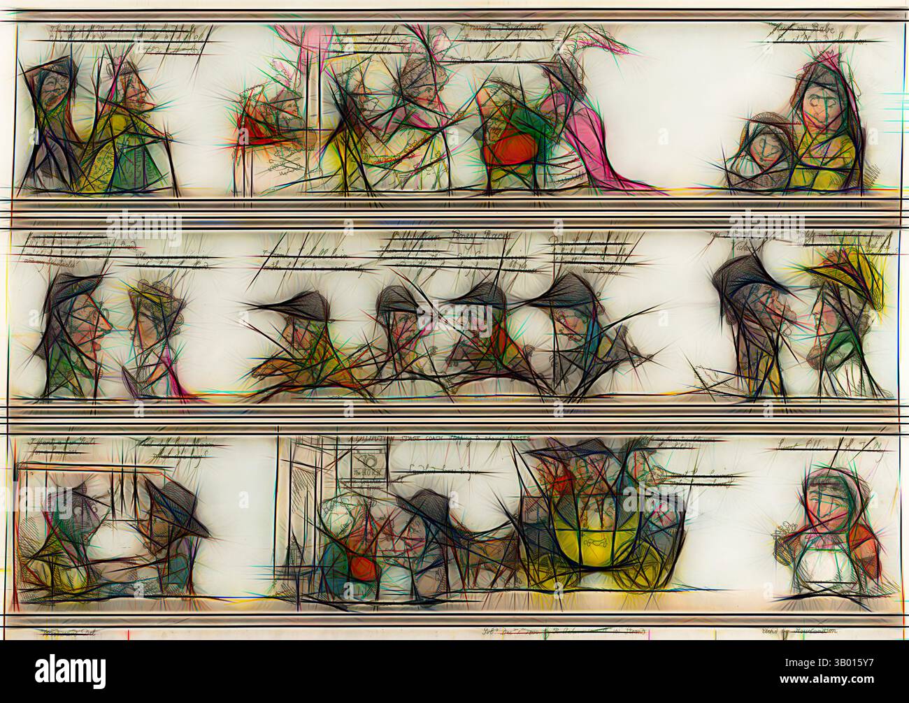 A series of abstract scenes depicting a variety of characters engaged ...