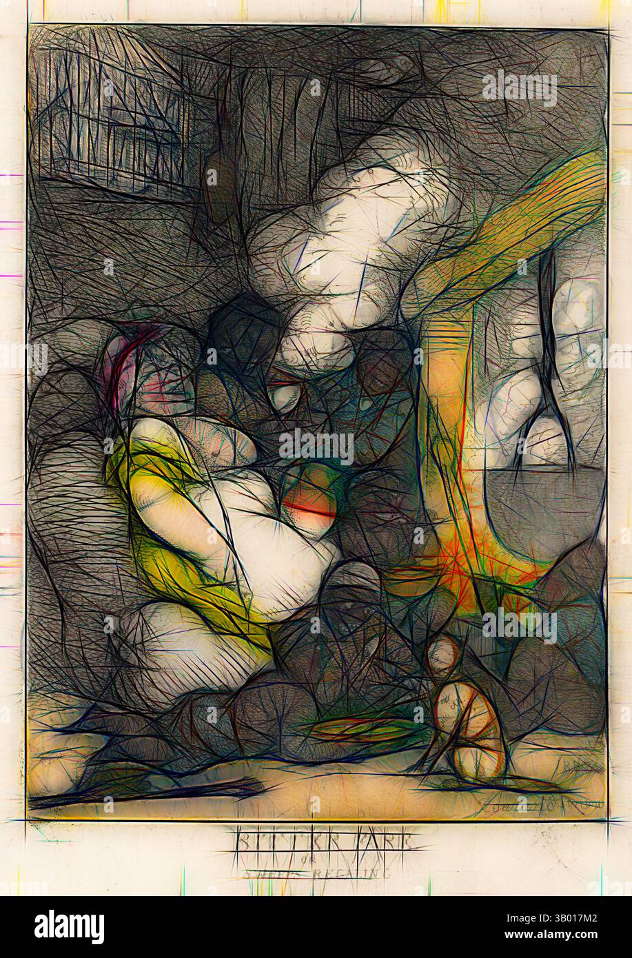 A surreal scene featuring abstract figures and flowing shapes, evoking ...