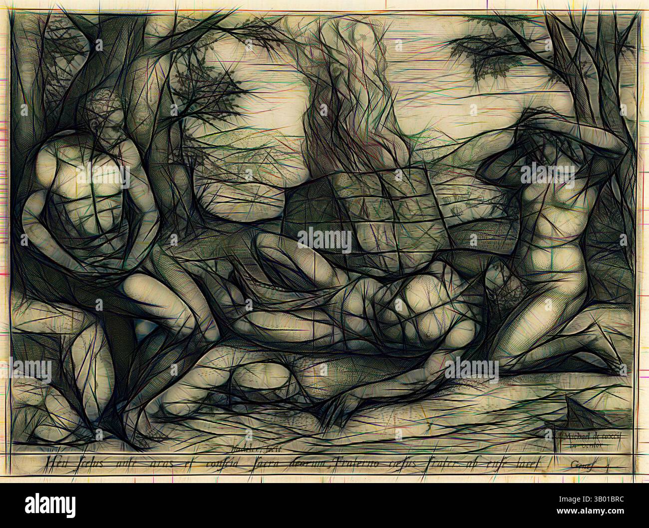 A group of stylized figures is depicted in a dynamic and expressive ...