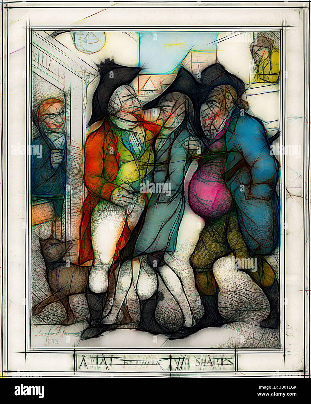 A whimsical portrayal of three historic figures, each dressed in elaborate, period-appropriate attire, engaged in a lively interaction. The figures exude a sense of camaraderie, with exaggerated facial expressions and bright clothing contrasting against a busy background filled with architectural elements., Classic art with a modern twist reimagined by Artotop Stock Photo