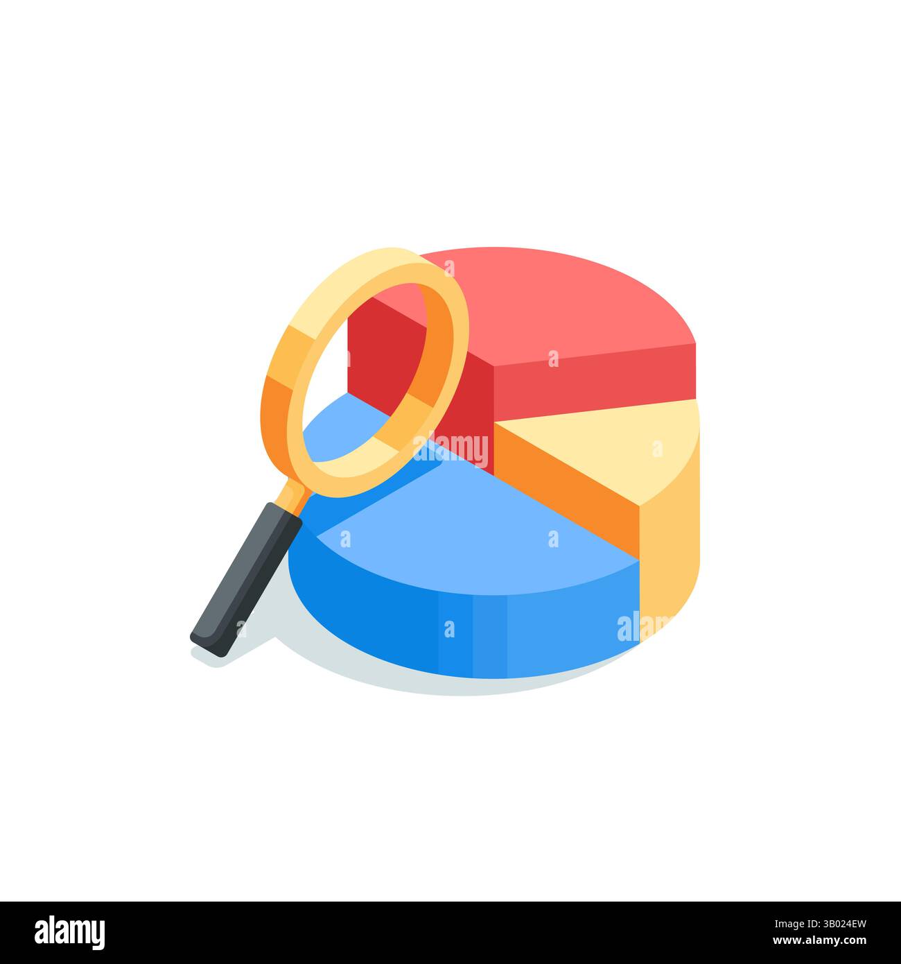 isometric vector pie chart and magnifying glass icon, in color on white background, statistics analysis or data processing Stock Vector