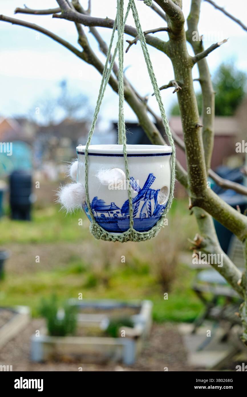 Hanging china pot with holes suspended from tree branch and filled with cat fur to help birds with nest building Stock Photo