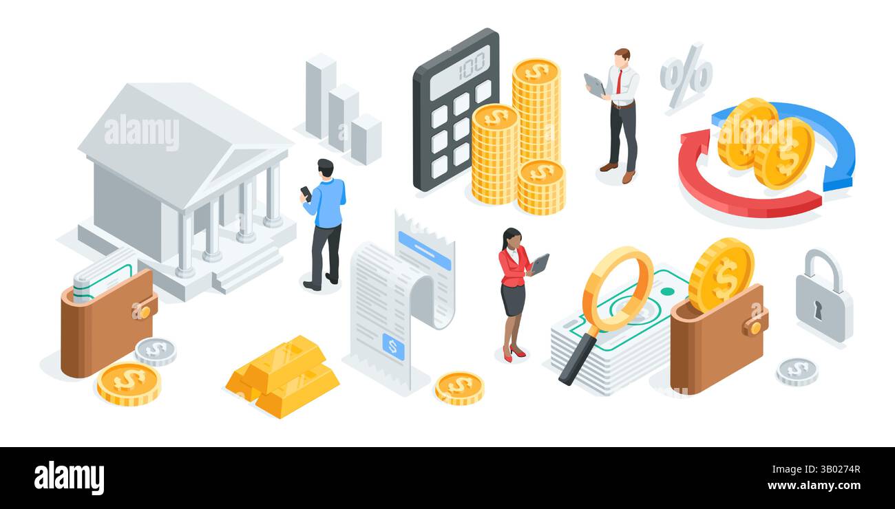 isometric vector business concept with people and icons of money with ...