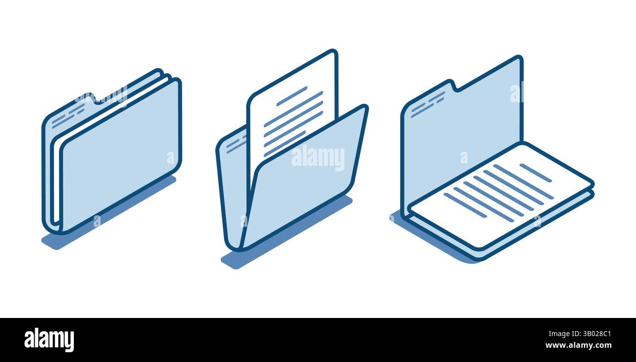 isometric vector folder linear icons with document, in color on a white background, design element or paper work with data Stock Vector