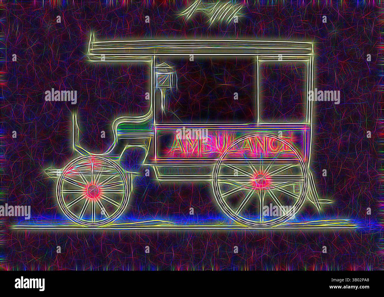 A vintage ambulance with distinctive wheels and a large, bold sign displaying the word 'AMBULANCE,' surrounded by a vibrant, swirling background., Classic art with a modern twist reimagined by Artotop Stock Photo