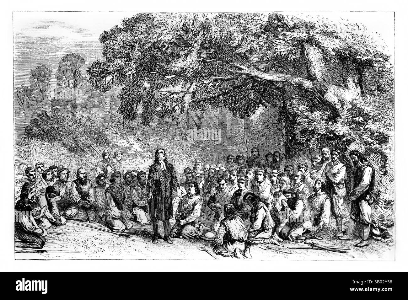 Illustration of Camisards holding a religious assembly in the Woods in the 18th Century from Antique the 1866 Edition of Foxe's Book of Martyrs (The B Stock Photo