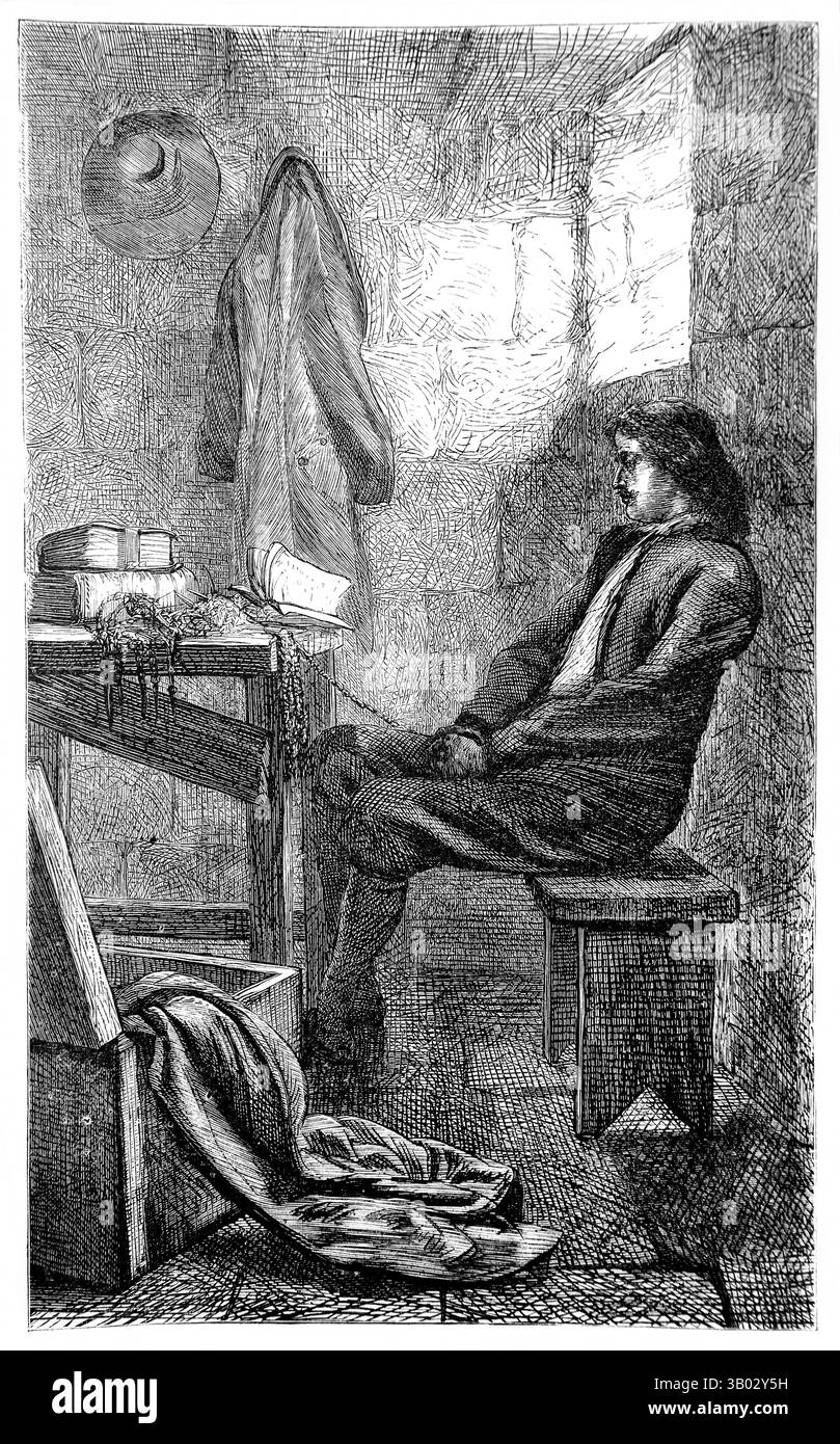 Illustration of John Bunyan in Bedford Jail where he was held for twelve years after holding a Conventicle (Illegal Religious Meeting) in 1660 from An Stock Photo
