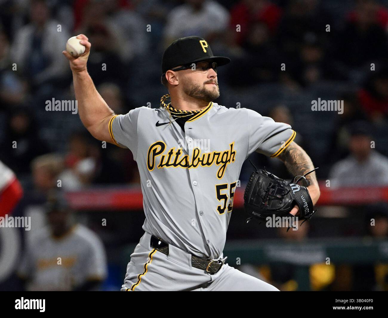 ANAHEIM, CA - APRIL 22: Pittsburgh Pirates pitcher Chase Shugart (55 ...