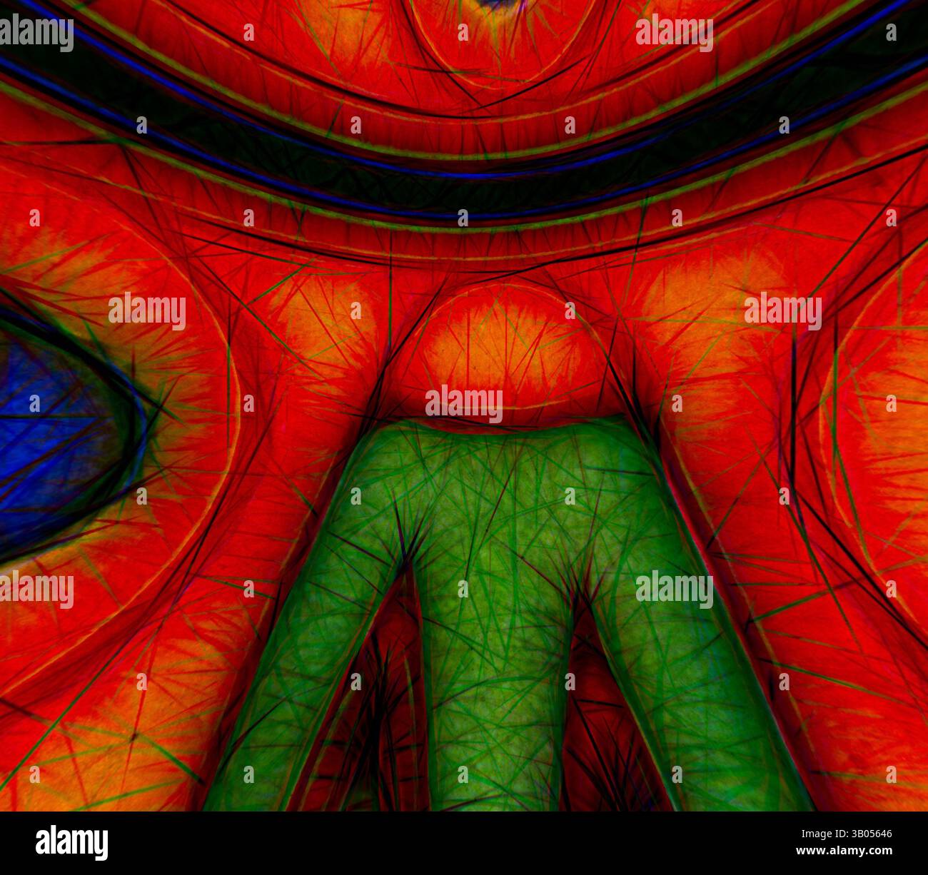 A vibrant and abstract composition featuring intertwining shapes and ...
