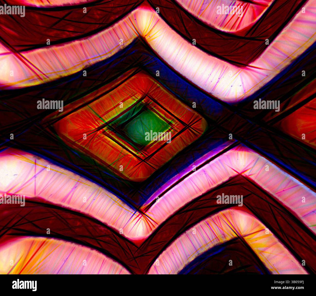 A vibrant geometric pattern featuring swirling shapes and contrasting ...