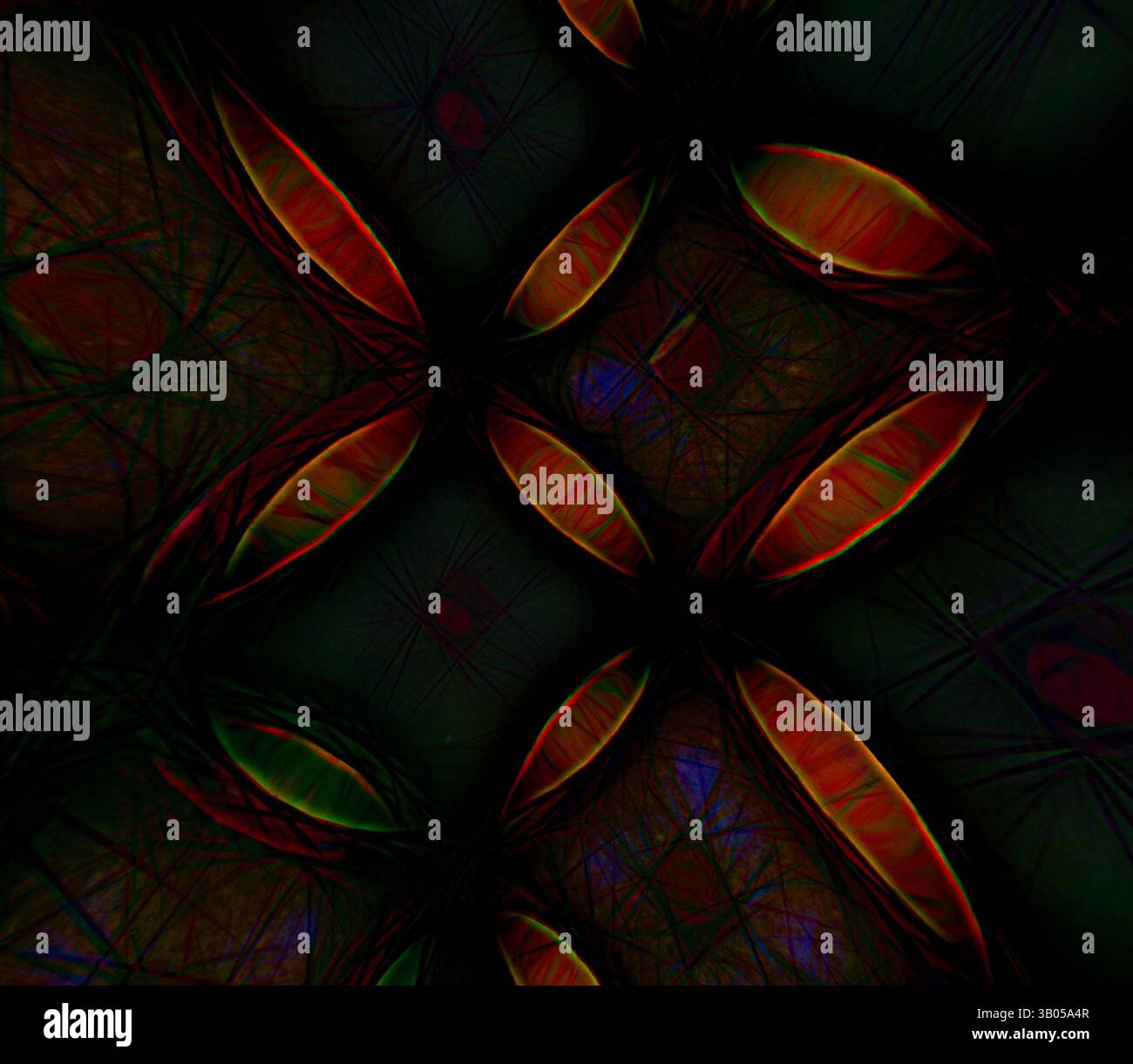 An abstract composition featuring interwoven shapes and vibrant colors ...