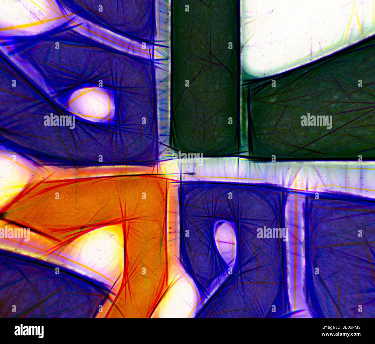 An abstract composition featuring vibrant geometric shapes and bold ...