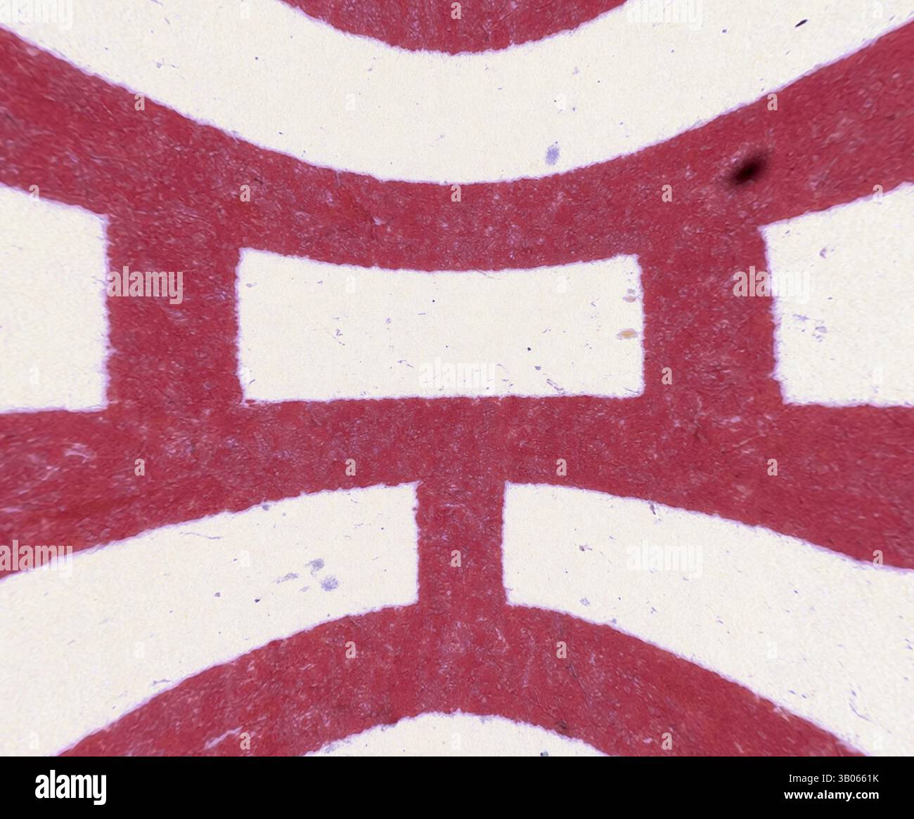 A close-up of interlocking circular patterns with bold red and white ...
