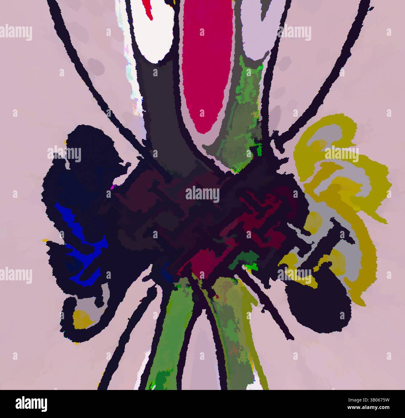 An abstract composition featuring bold, swirling colors and shapes that ...