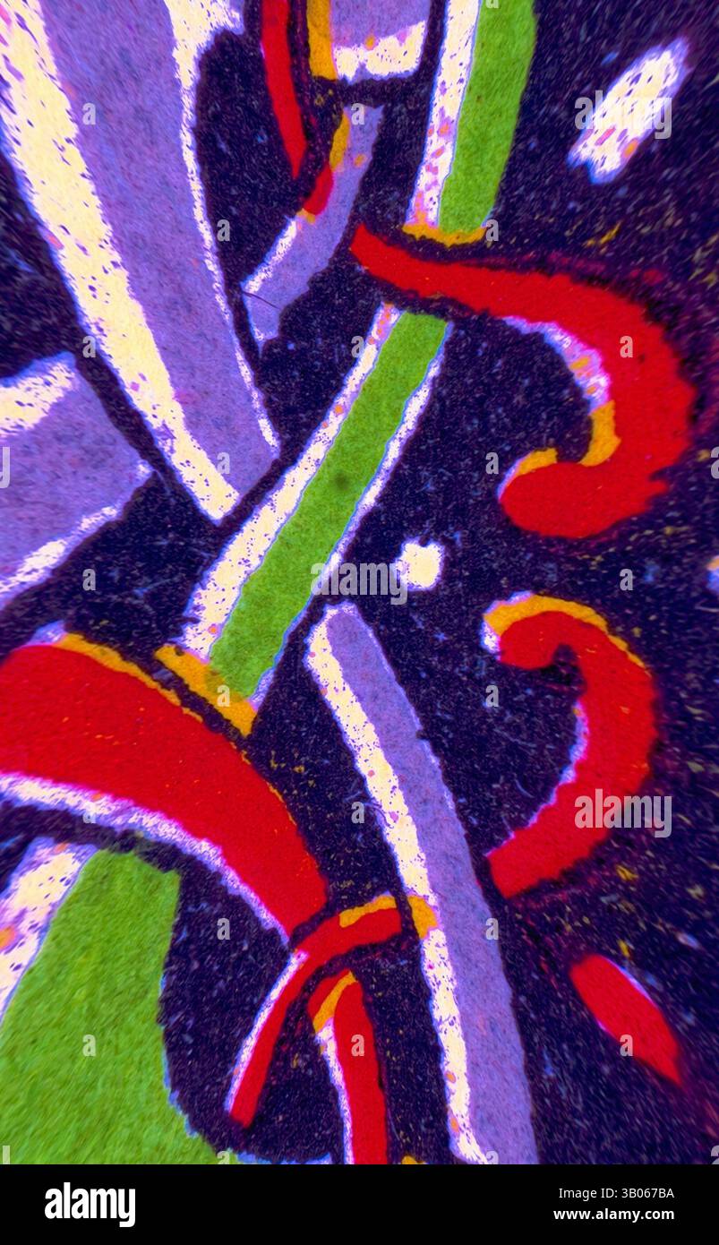 A vibrant composition featuring swirling patterns in bold reds, greens ...