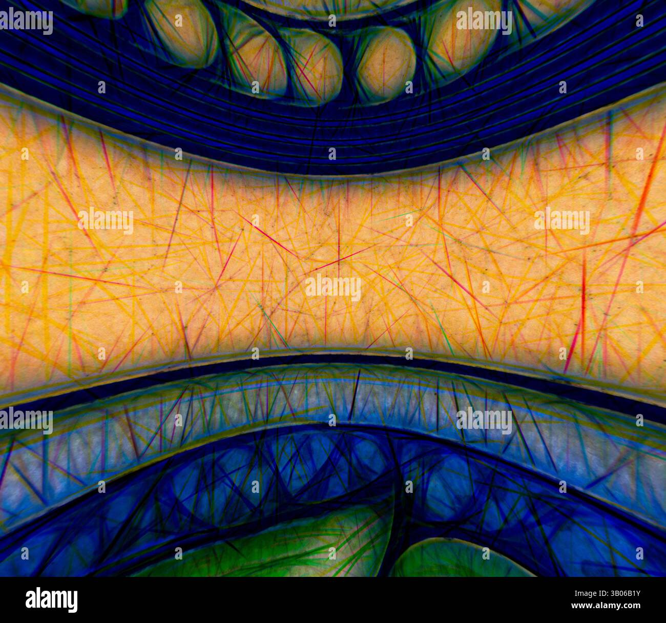 An abstract composition featuring intricate lines and vibrant colors ...