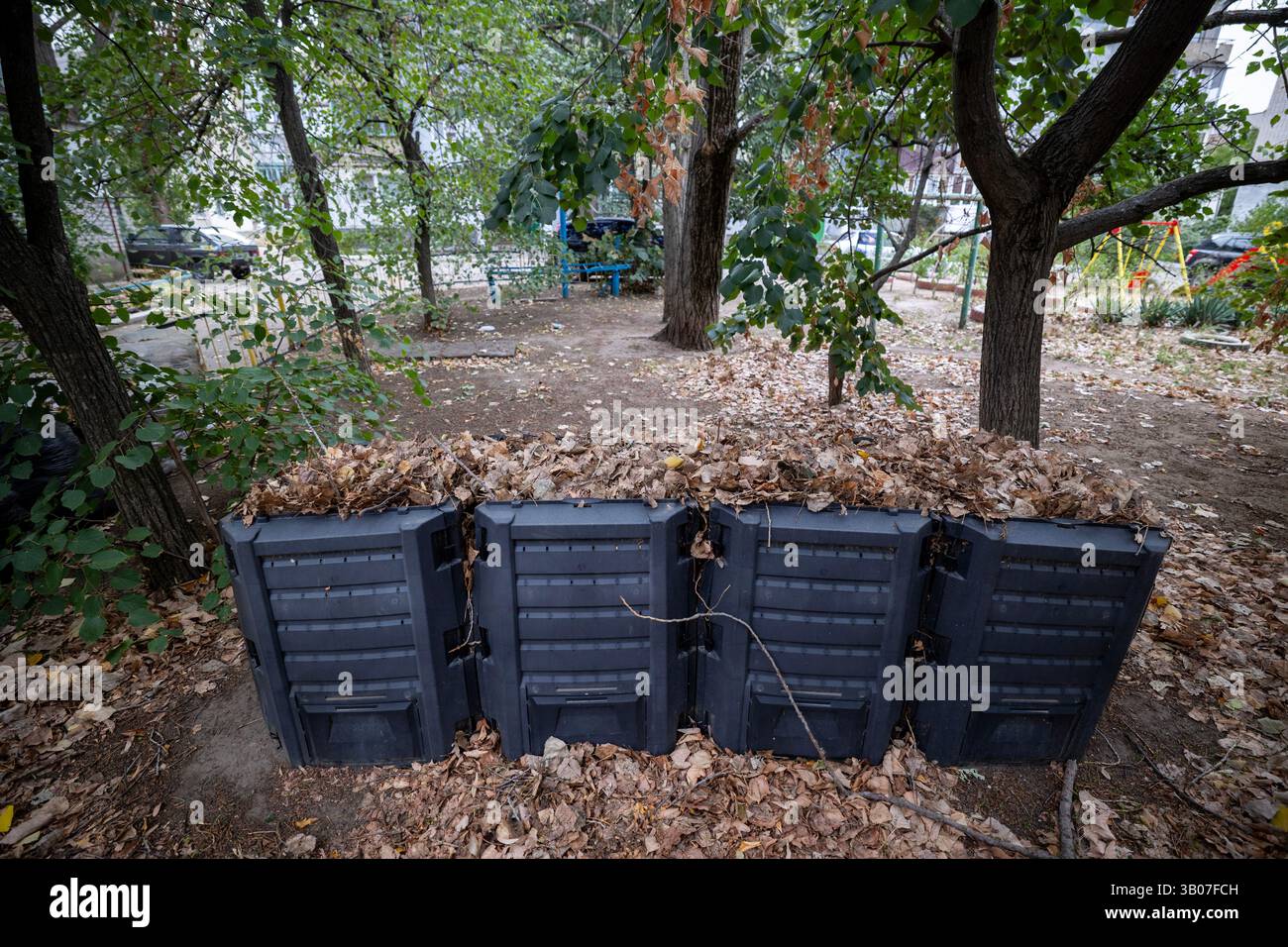 A black compost bins stand in a row on the ground, each filled with ...