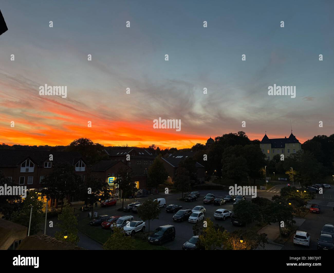 Sunset Over Historic Town and Castle in Alfter, Germany - Smartphone Captured Stock Image