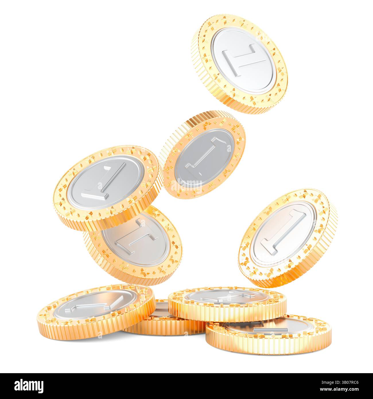 Falling gold coins, 3D rendering isolated on white background Stock ...