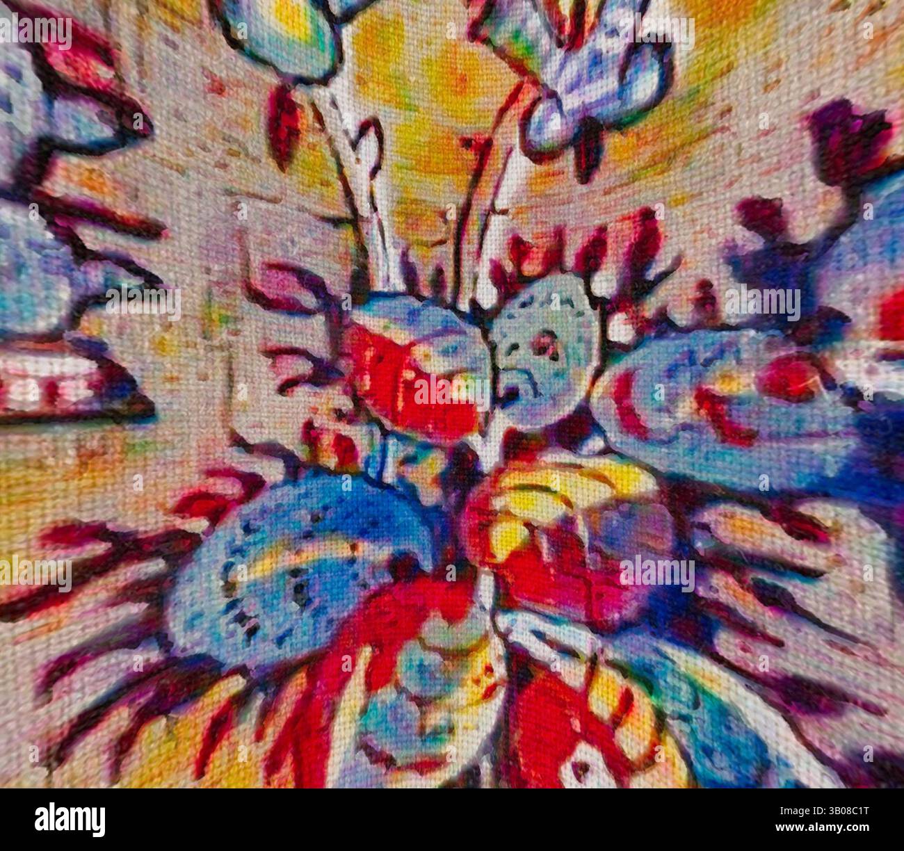 A vibrant explosion of colors features abstract flowers, each adorned ...