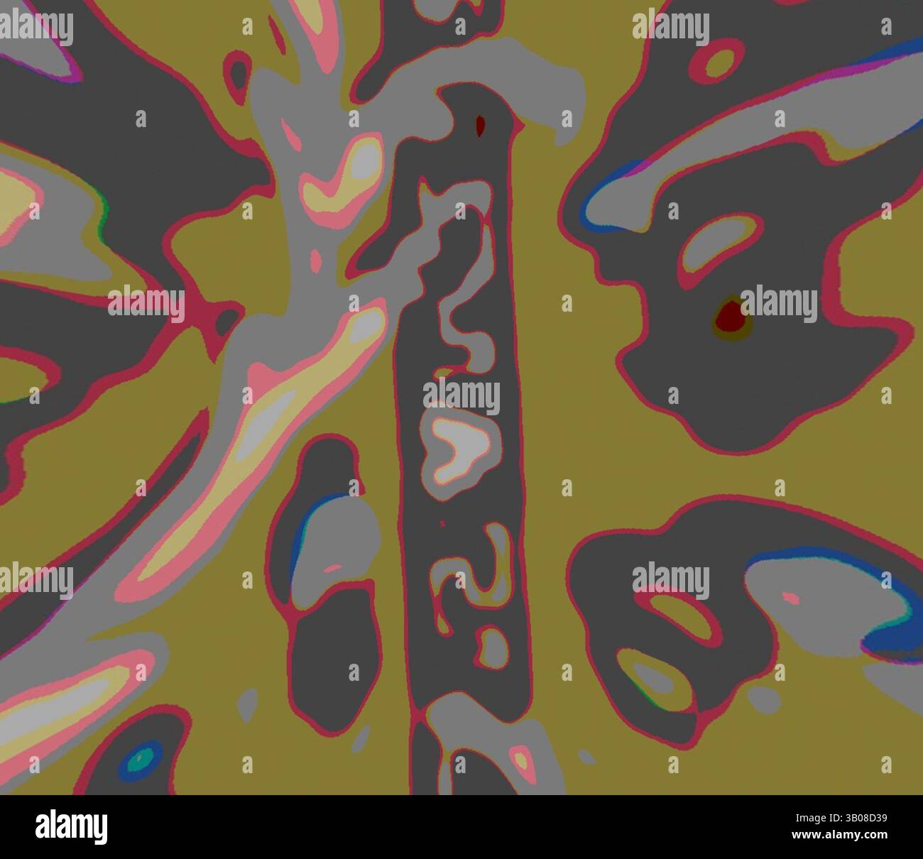 A vibrant abstract composition featuring swirling patterns and bold ...