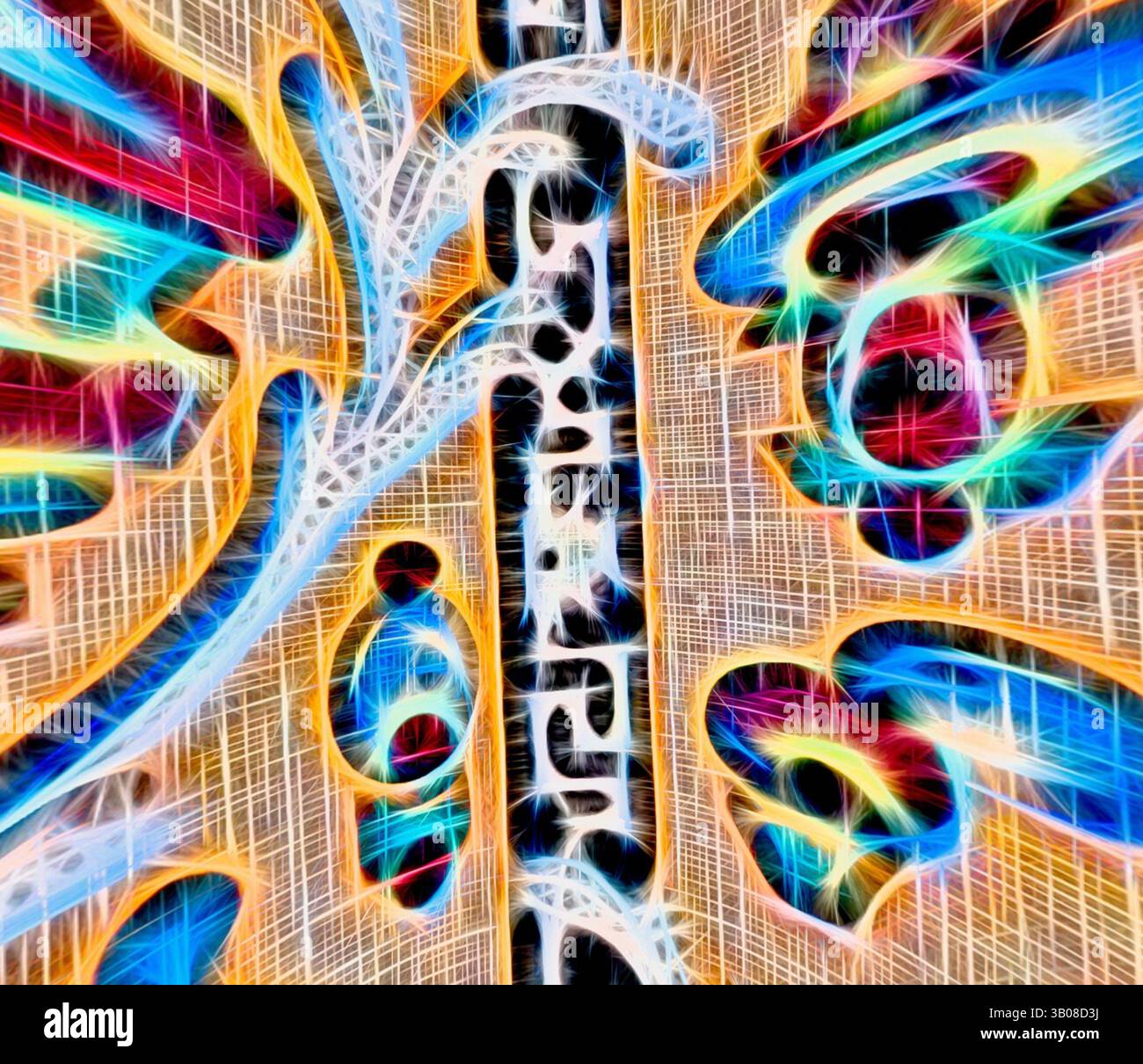 A vibrant abstract composition featuring swirling patterns and ...