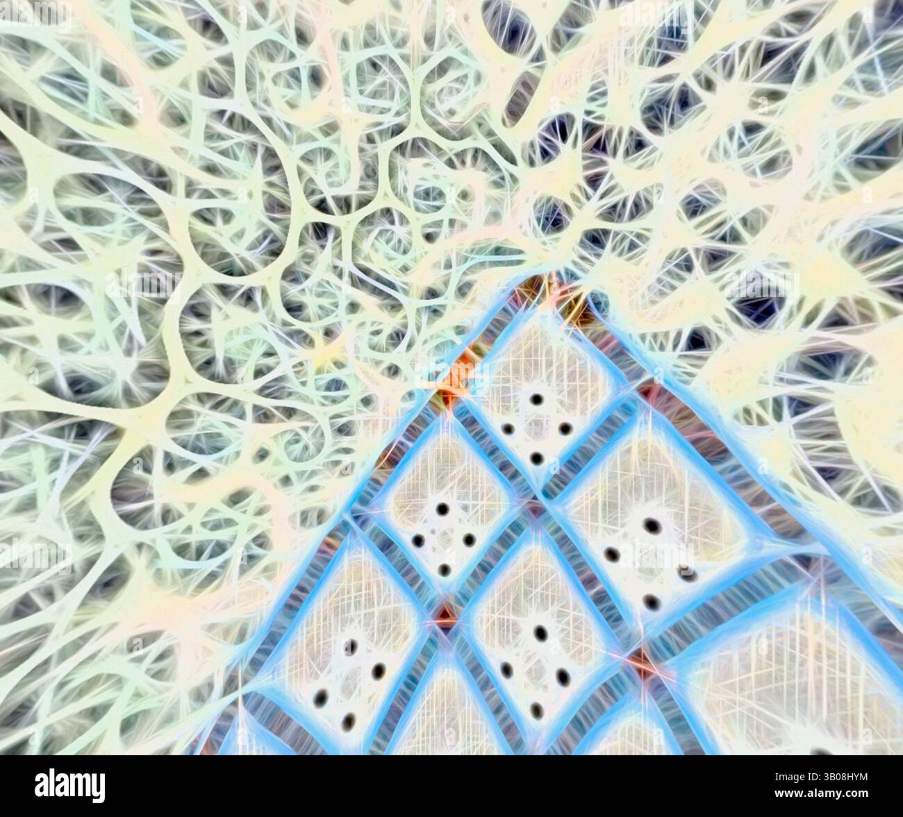An intricate pattern of interconnected lines and shapes creates a sense ...