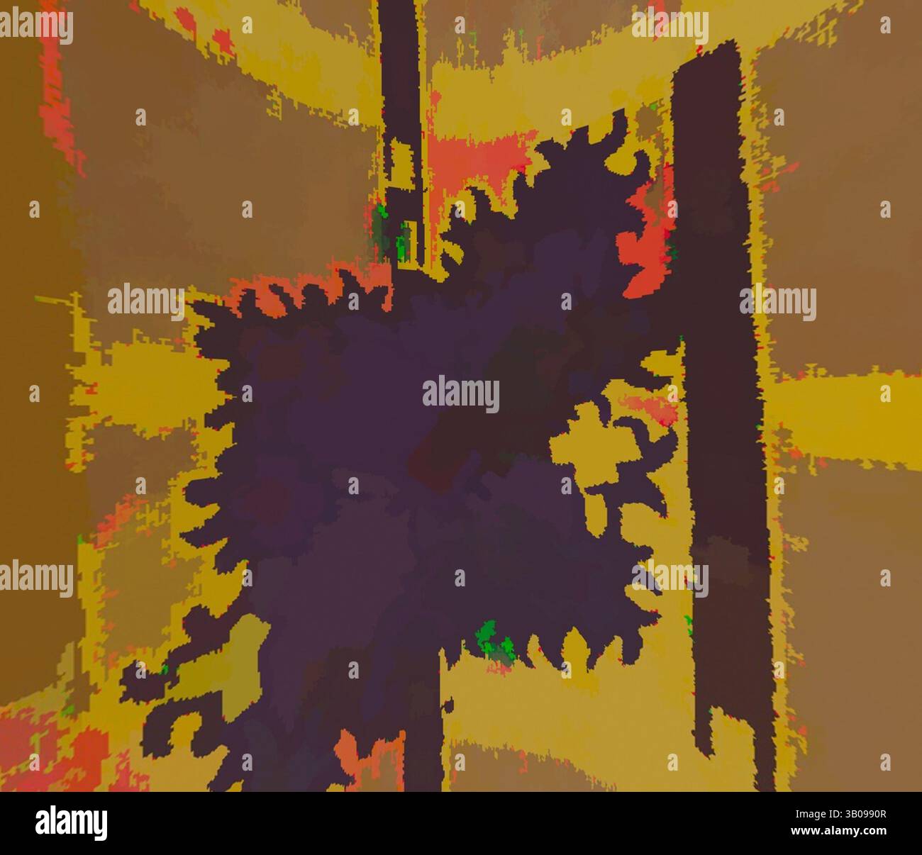 An abstract composition featuring a chaotic burst of dark shapes ...