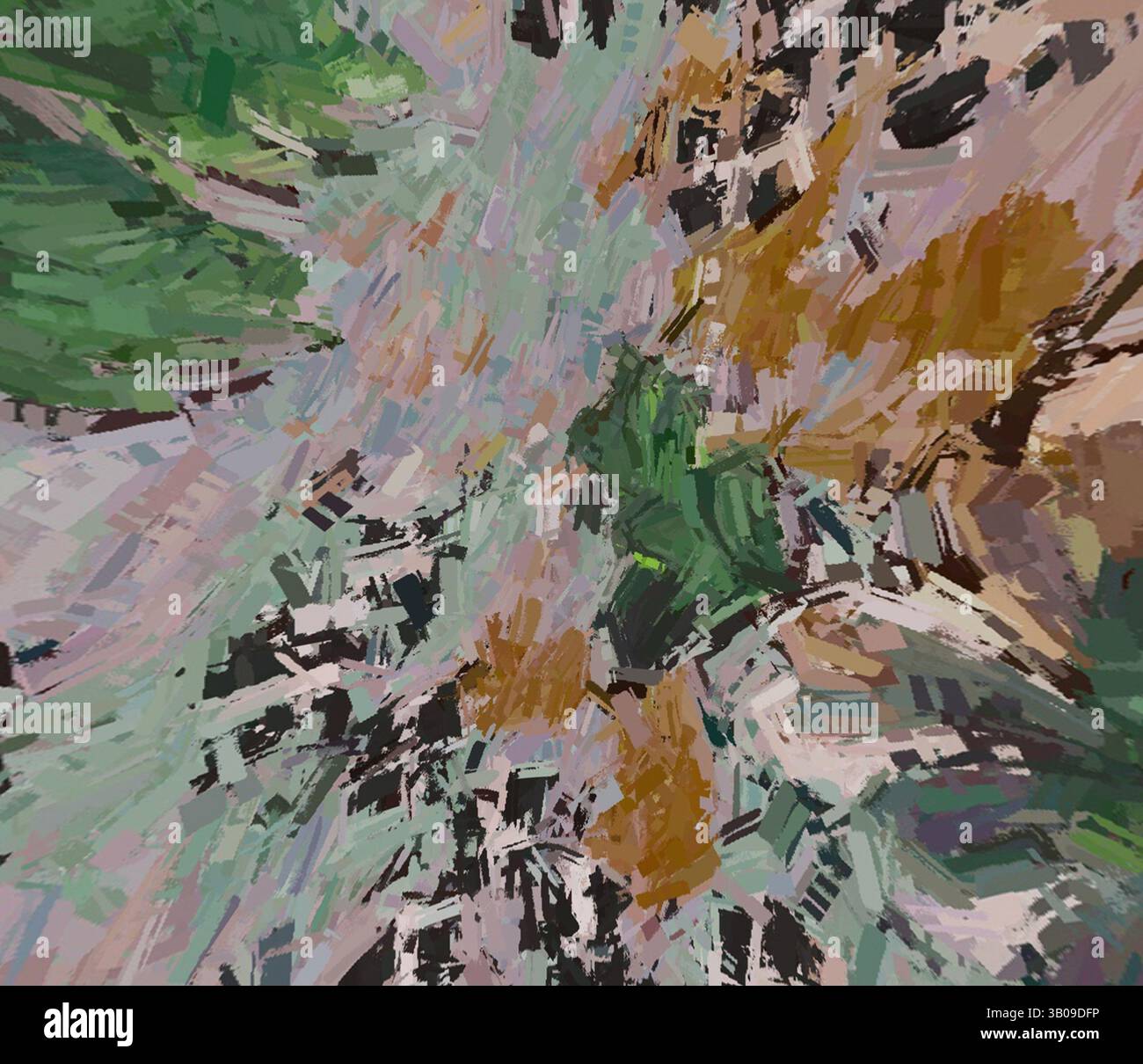 An abstract composition featuring a dynamic blend of greens, browns ...