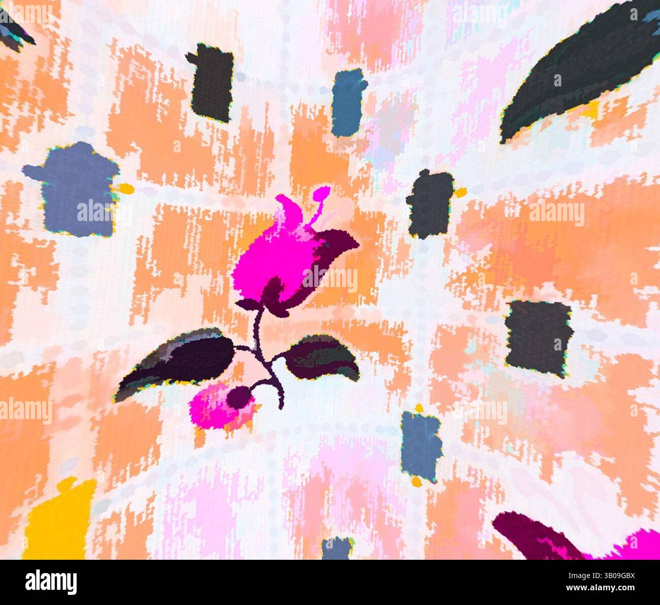A vibrant floral pattern featuring a bold pink rose, intertwined with ...