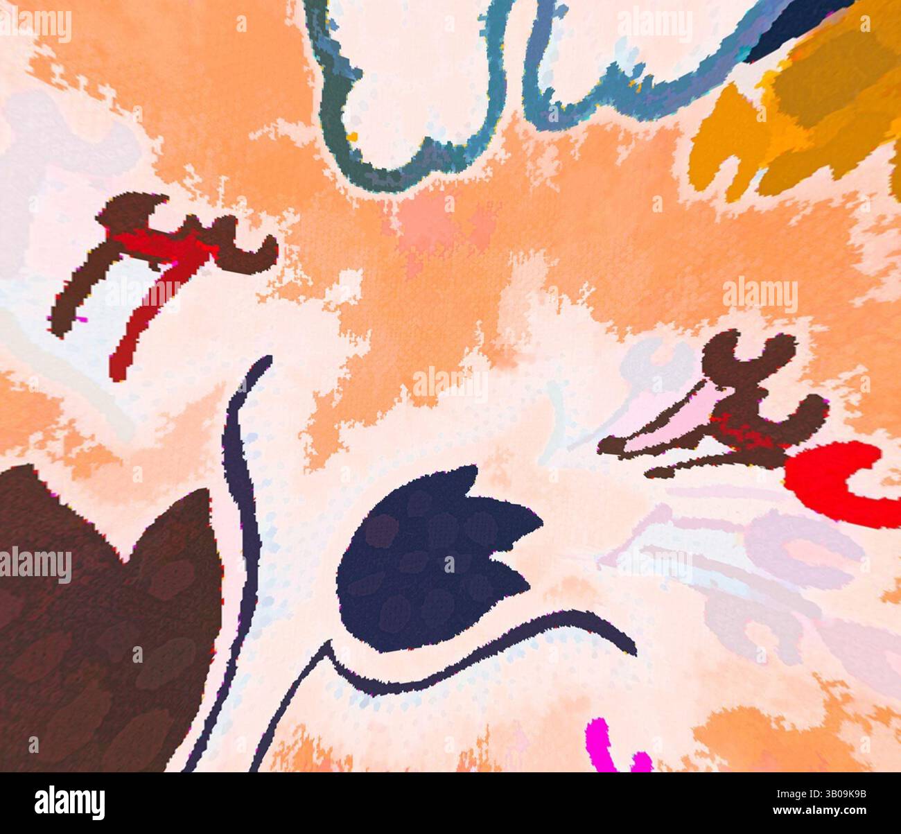 A vibrant, abstract composition featuring swirling shapes and dynamic ...